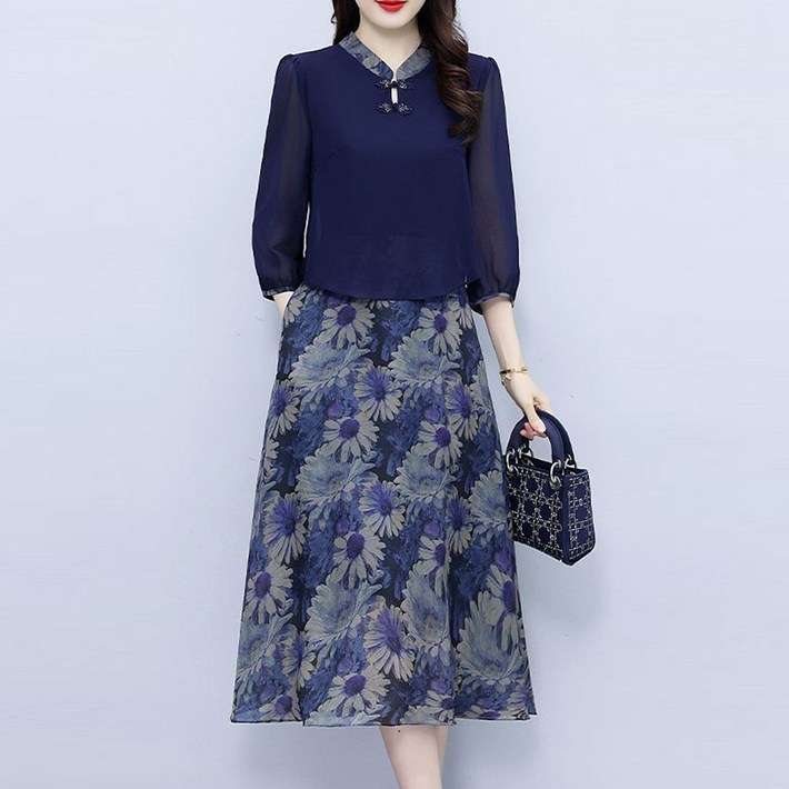 besteffie 여성 중년 여름 플라워 패턴 A라인 원피스 7부소매 간편한 디자인 하이나넥 레트로 패션 드레스 K92