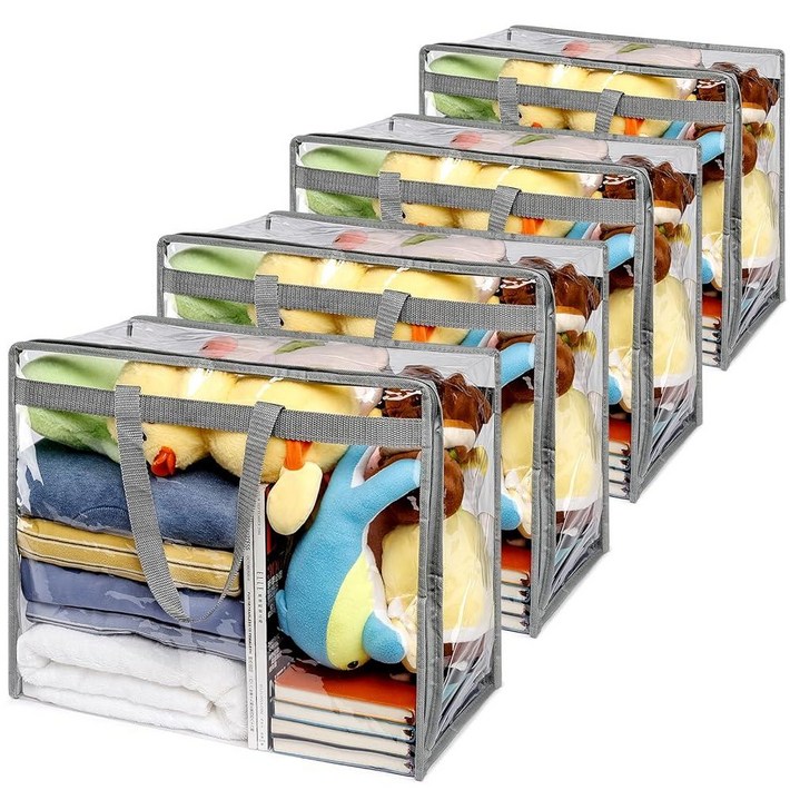 의류용 투명 지퍼 보관 가방 4팩  이불, 담요, 침구, 리넨, 이불, 봉제 동물 인형용 40L 방수 PVC 가방, 엑스트라 라지 장난감 보관 가방, 옷장 정리함 가방 그레