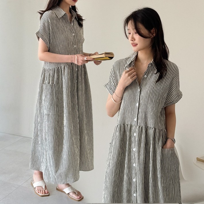 데일리앤 어반 루즈핏 캡소매 스트라이프 지지미 반팔 롱 셔츠 원피스 여름 휴양지 빅사이즈