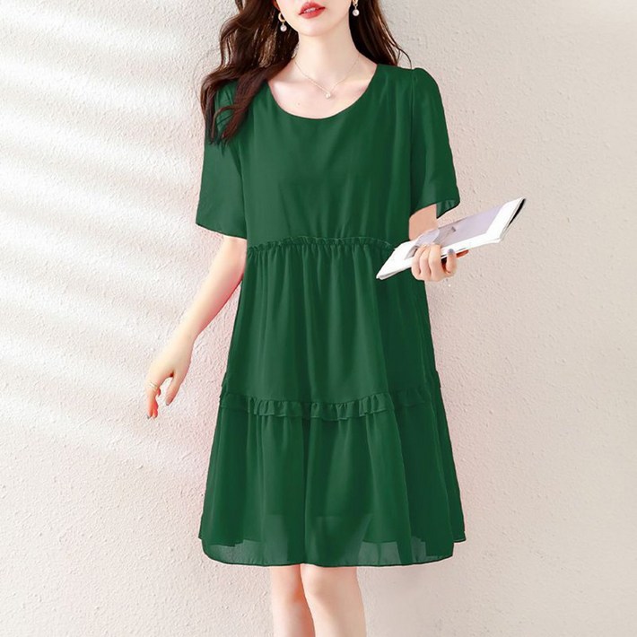 ROYALBELLE 여성 라운드넥 루즈핏 반팔 원피스 미디 빅사이즈 엄마 시폰 원피스 J080337