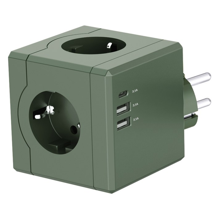 티메코 SF코팅 큐브 디자인 멀티탭 4000W 고용량 3구 USBA 2개 C타입 1개, 1개, 그린, 7.6cm