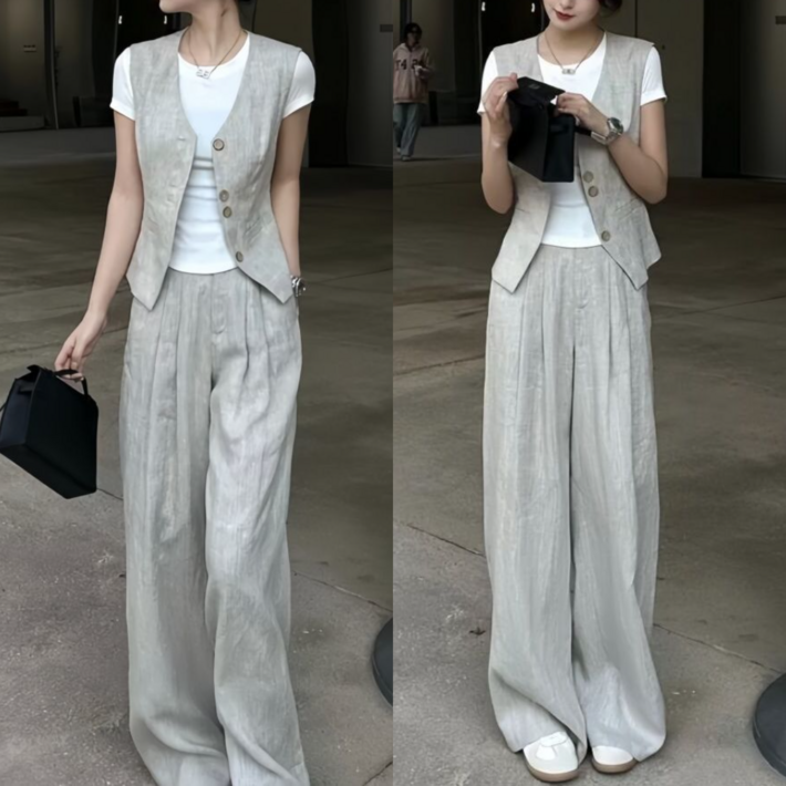 Asure 여성 정장 세트 출근룩 조끼반팔티정장 바지 3P