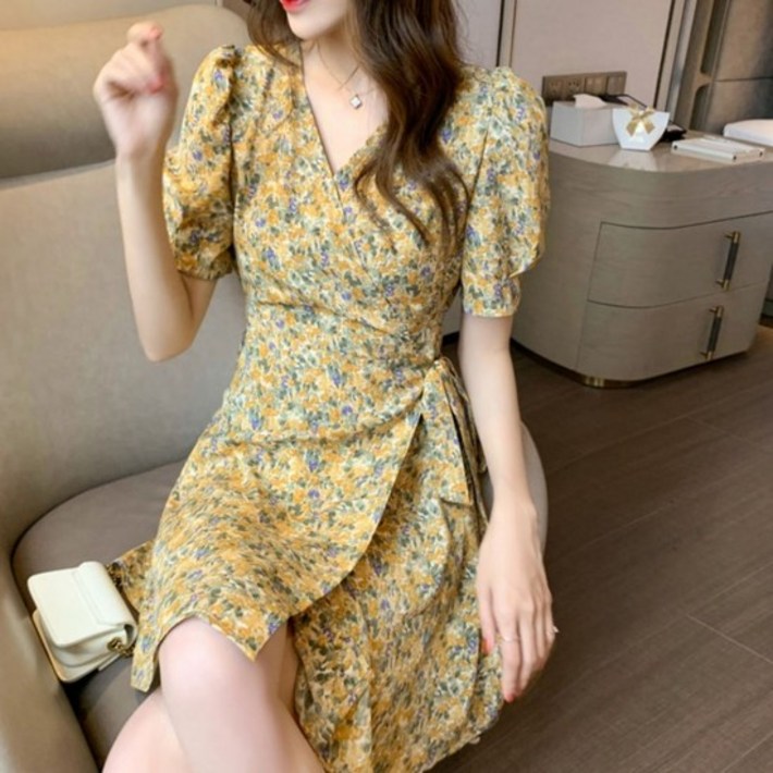 여자원피스 러블리 여성 프릴소매 플라워 셔링 A라인 랩원피스