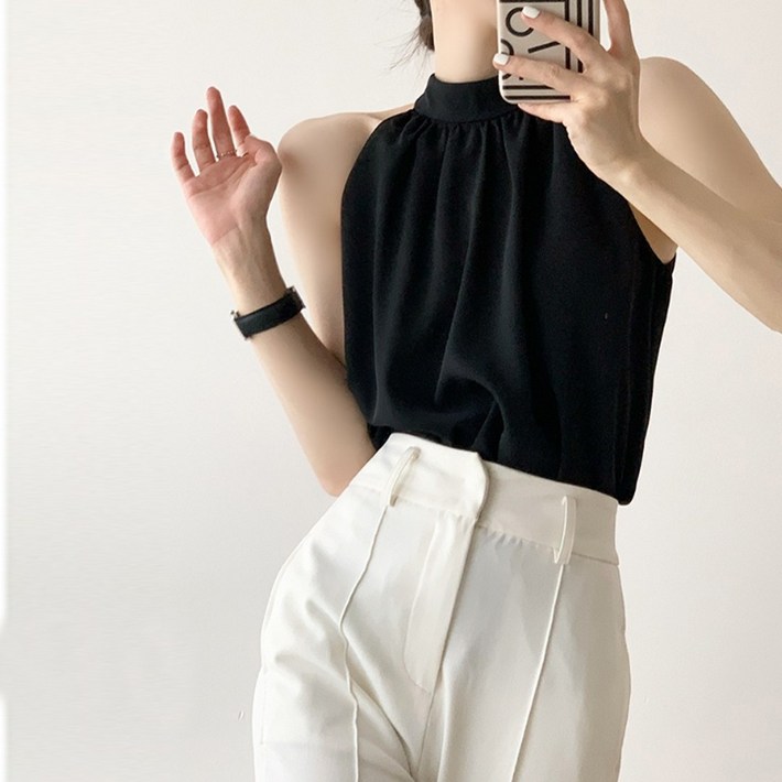 러우 봄 여름 반하이넥 셔링 주름 쉬폰 홀터넥 나시 블라우스