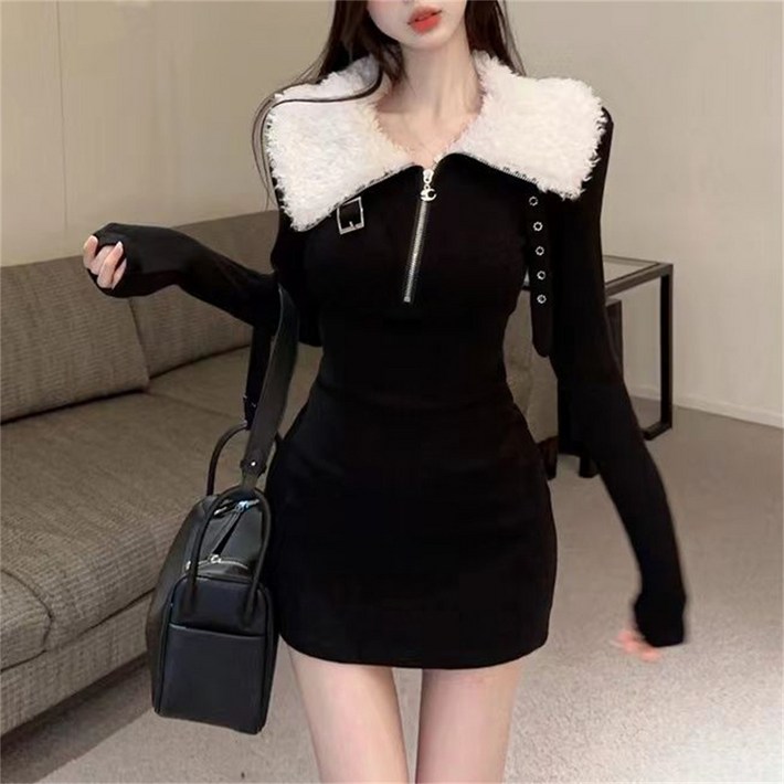 TKX 여성 가을 겨울 슬림핏 롱슬리브 미니 원피스 인조 양털 칼라 지퍼 디자인 귀엽고 멋진 스타일 KC81