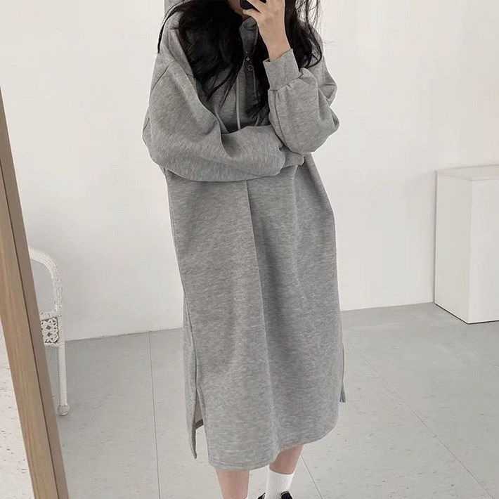여성 봄 솔리드 심플한 바람 롱 무릎 위 원피스 봄 가을 루즈 나른한 후드 원피스