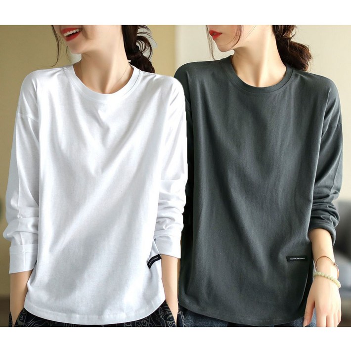 11 여성 긴팔 티셔츠 캐주얼 봄 가을 레깅스 상의 루즈핏 긴팔 이너티 기질 순면 라운드 티셔츠 CY