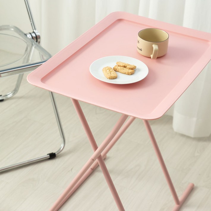 더잉스토어 사이드테이블 침대 쇼파 거실 이동식 접이식 티테이블, 핑크