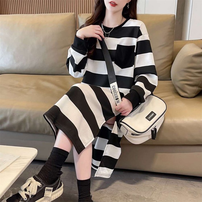 밀크봉봉 클래식 스트라이프 원피스 가을 신상 여성복 프렌치 나른한 루즈핏 날씬해 보이는 원피스