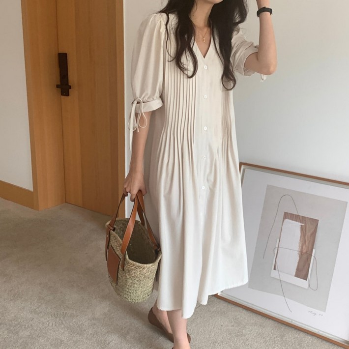 POMTOR 핀턱주름 브이넥 촤르르 버튼 롱원피스 3col 여름 봄 매듭 루즈핏 퍼프