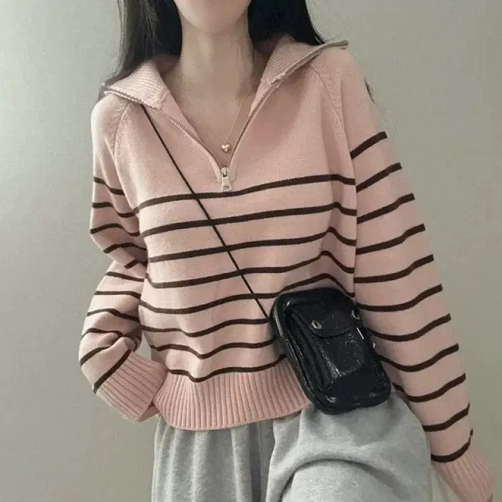 휠렉스 여성 반집업 니트 스트라이프 패션 티셔츠 JT426