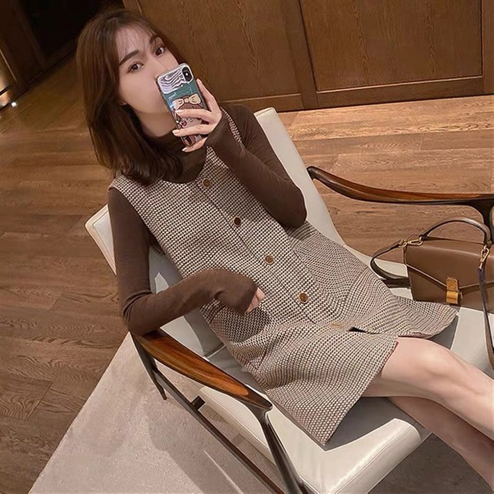 여성 베이직 모직 민소매 미디움 베스트 니트 조끼 롱 원피스