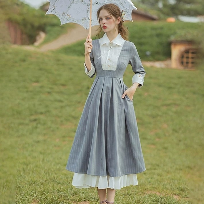 대여 라이트그레이 스트라이프 셔츠원피스 경성의상