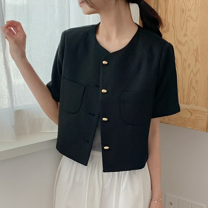 리얼코코 노카라 라운드넥 반팔 트위드 자켓 S225310 리얼코코 노카라 라운드넥 반팔 트위드 자켓 S225310