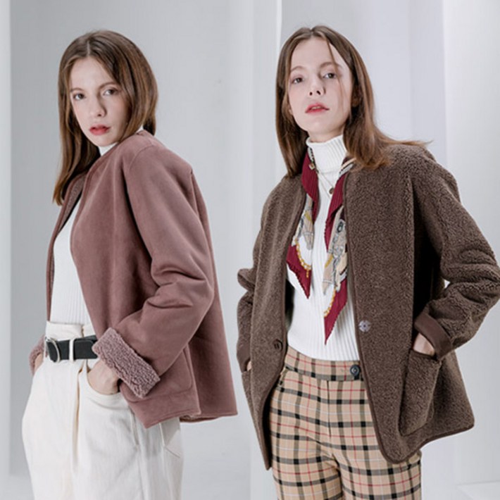 앙스블랑 여성 원버튼 노카라 덤블 코트 리버서블 천연 양모 무스탕 숏 자켓 905특가 행사