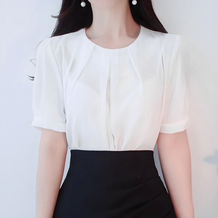 오드리버블 반팔 단정한 면접블라우스 라운드넥 핀턱 셔링 쉬폰 블라우스