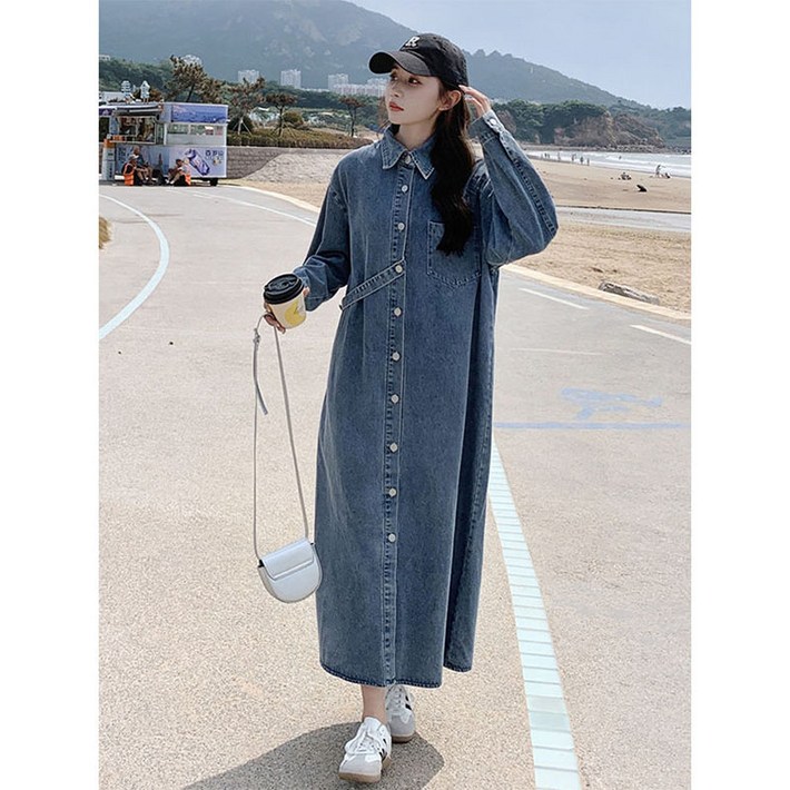 봄 가을 여성 루즈핏 고급스러운 빈티지 앞포켓 벨티드 롱 셔츠 청원피스 청치마 데님 원피스 치마