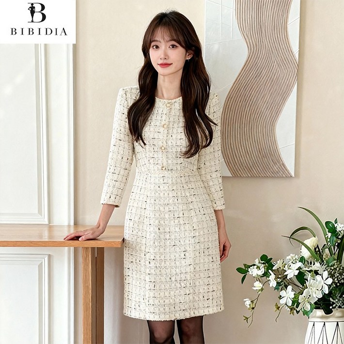 비비디아 여성용 트위드 원피스 퍼프소매 반팔 하객룩 결혼식 오피스 정장 여성 미디 원피스 5580