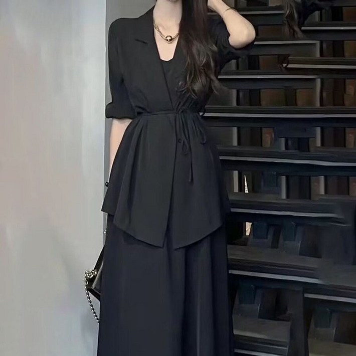 데일리 여성 정장 세트 빅사이즈 허리 조임 자켓  롱 원피스 세트 봄 여름 여자 오피스룩 투피스 세트 YSQ