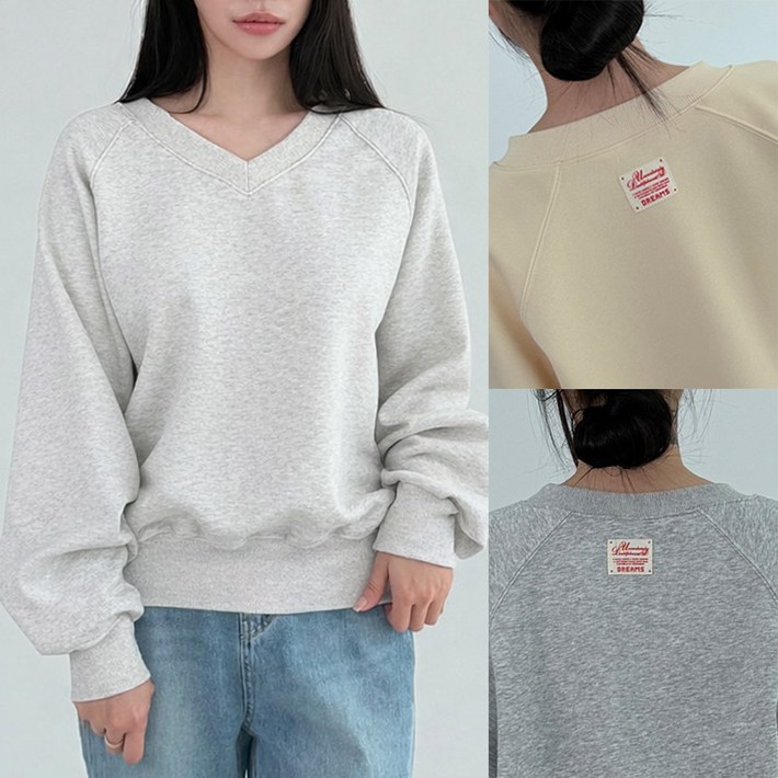 라벨 패치 포인트 브이넥 가오리 루즈핏 맨투맨