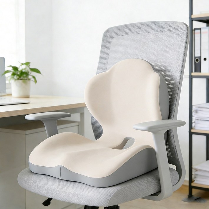 C.partner 바른자세 허리쿠션 등받이 메모리폼 일체형허리쿠션 의자등받이, 베이지색과 회색