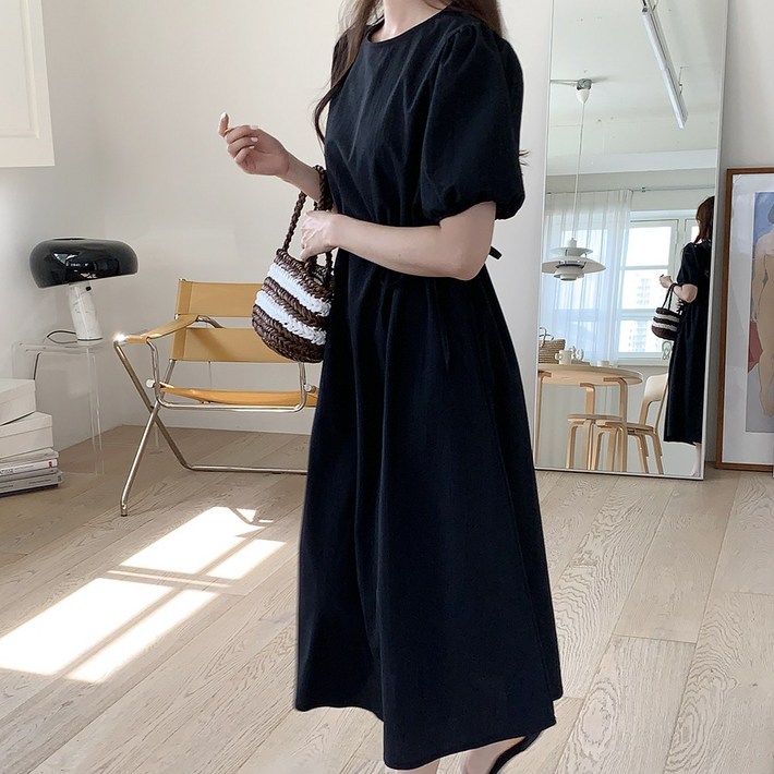앤샵 [자체제작/국내생산] 여성용 링클 아노락 반팔 셔링 롱 원피스(3color)