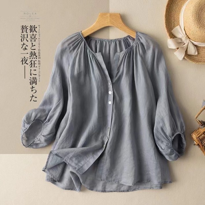 쩐쿠 여름 여성 베이직 단추 셔링 면마 셔츠 블라우스 Z305 - 투데이밈