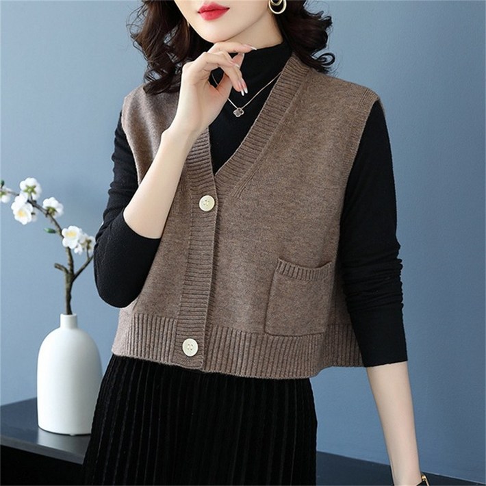 besteffie 조끼 중년 여성 브이넥 크롭 단추니트조끼 오픈단추 세미크롭 니트조끼 이쁜가을옷 엄마 스웨터 코트 배색 E55