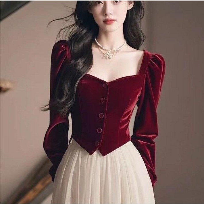 녕동 여성 빈티지 벨벳 스퀘어넥 퍼프 긴팔 셔츠 슬림 쇼트 톱 크롭 블라우스 봄가을