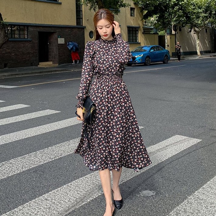 스모크 밴딩 플라워 패턴 플레어 스커트 롱원피스 루미루미몰4576pb