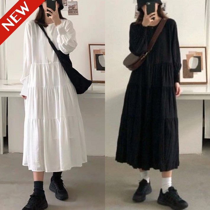 (25년 신상) 150kg까지 빅사이즈 여성 프렌치 우아한 허리꼬임 플리츠 긴팔 원피스 봄 가을 편한 라운드넥 큐티 스위트 롱 a라인 이너 큰옷 오버핏 플레어 모던 코디 원피스