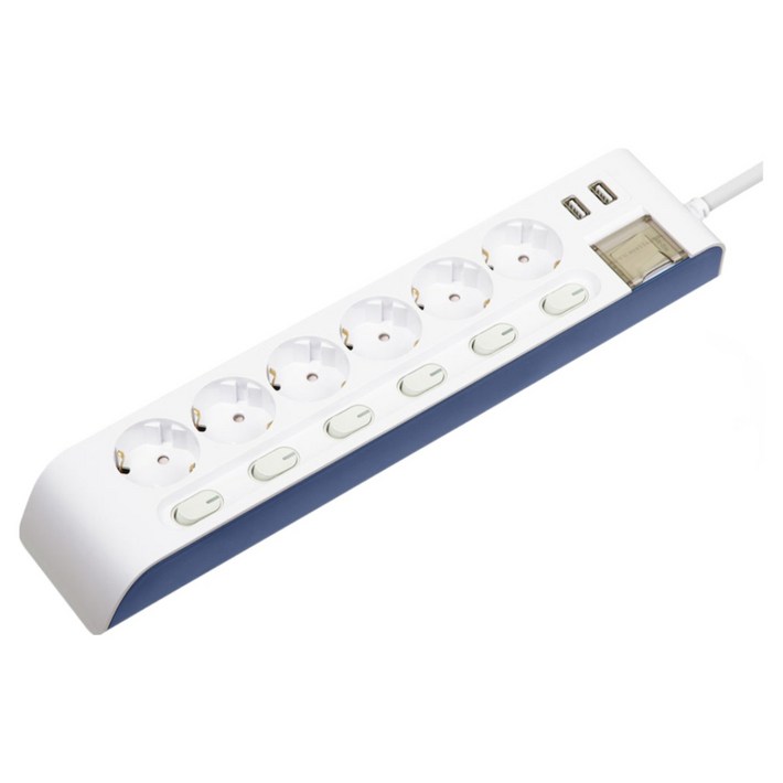 현대일렉트릭 하이탭 6구 개별스위치USB 멀티탭 2800W 국내생산, 3m, 1개, 화이트네이비