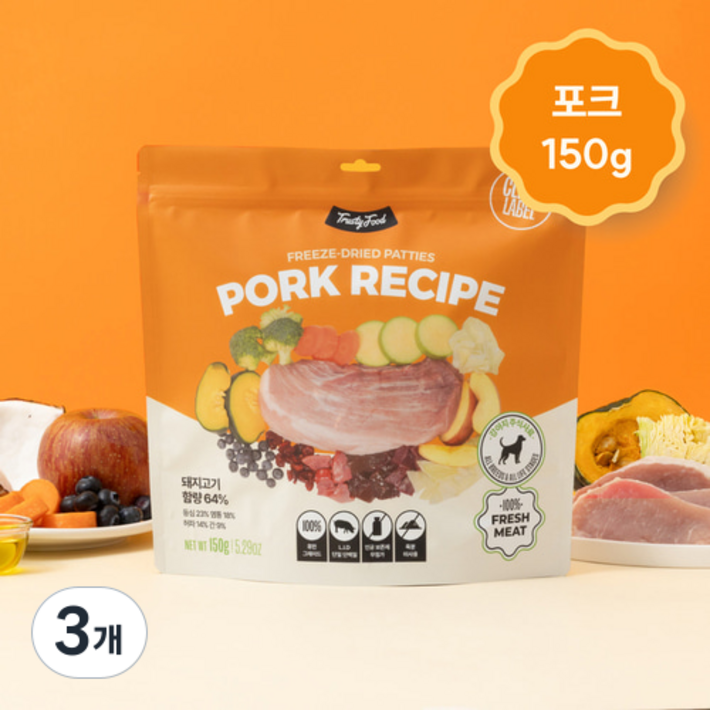 트러스티푸드 전연령 강아지 동결건조 포크 사료 패티, 3개, 150g