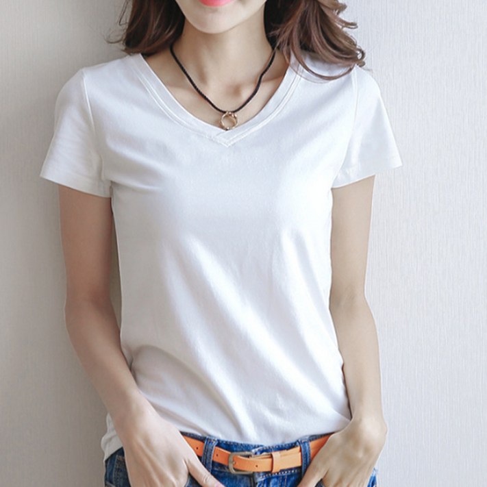구디프 여성용 심플 브이넥  반팔 티셔츠