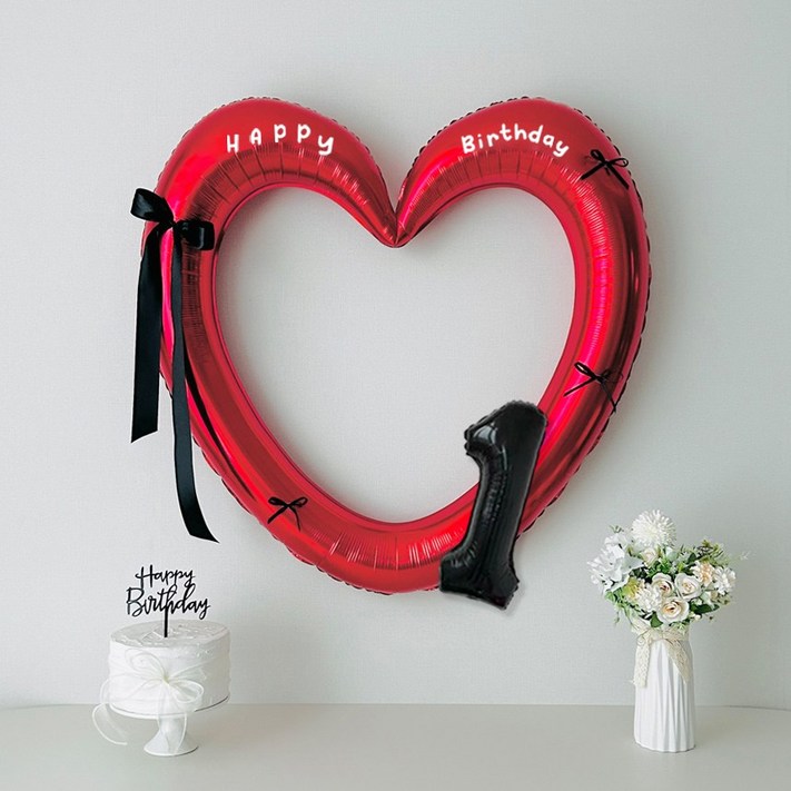 연지마켓 생일 이벤트 하트프레임풍선 블랙 숫자 생일파티 용품 세트 자유레터링, 1세트, 레드하트 숫자 1