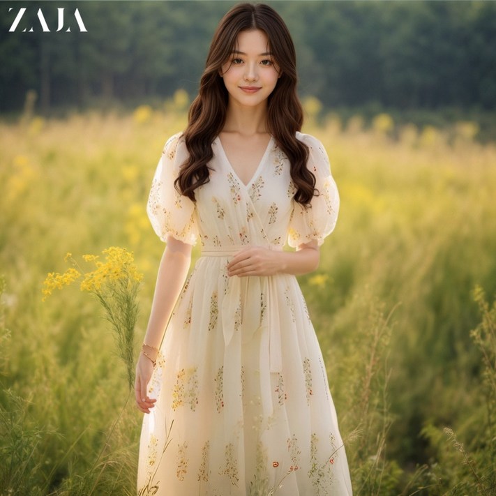 ZAJA 여성 쉬폰 원피스 여름 꽃무늬 바캉스룩 하객룩