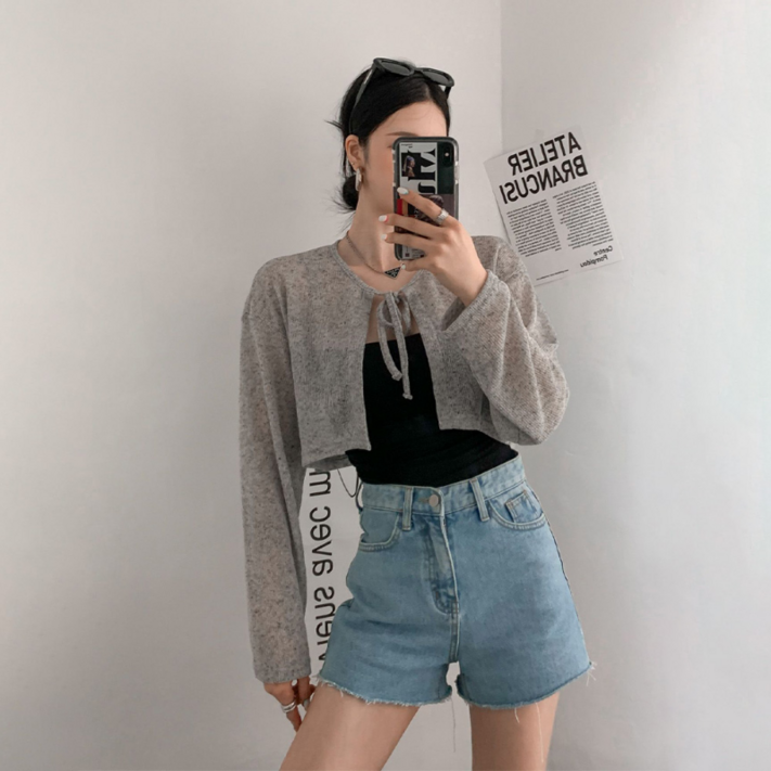 여성 데일리 썸제이 볼레로 리본끈 린넨 크롭 가디건