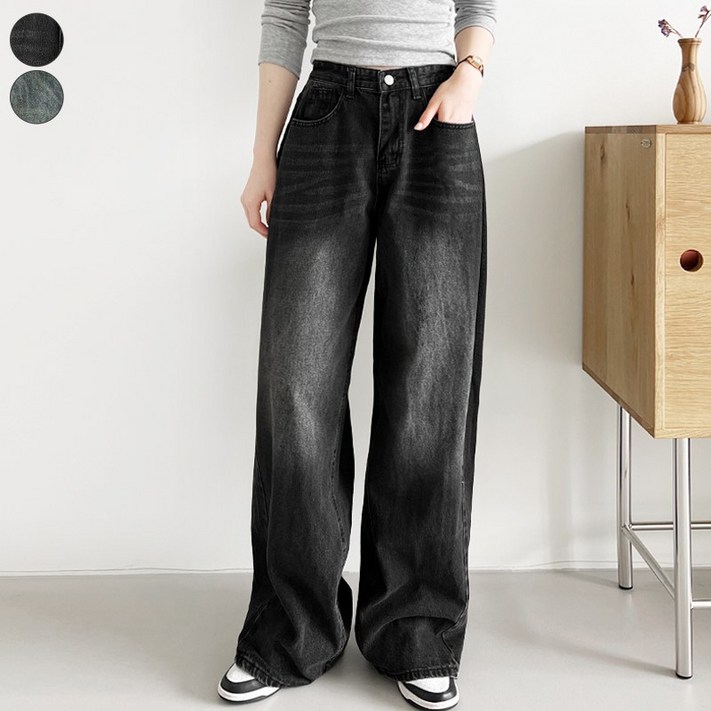 가비진 여성용 데님 와이드 사이드 핀턱 폴딩 절개 롱기장 워싱 청바지 팬츠