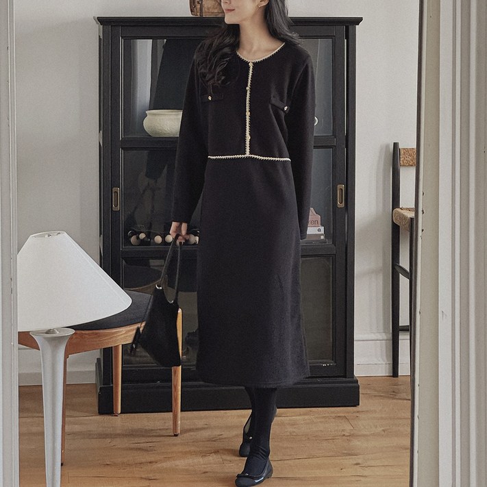 로로텐 기모 트위드 롱 원피스 라운드넥 긴팔 여성 빅사이즈