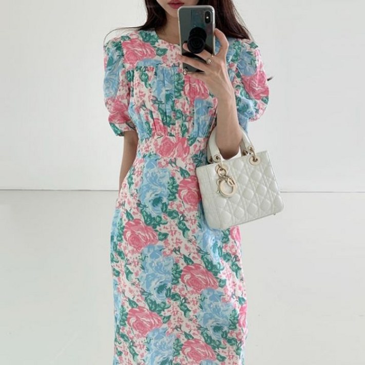 쉬폰 러블리 원피스 레트로 플라워 프린트 드레스 여성 주름 허리라인 슬리밍 퍼프 슬리브 롱 여름