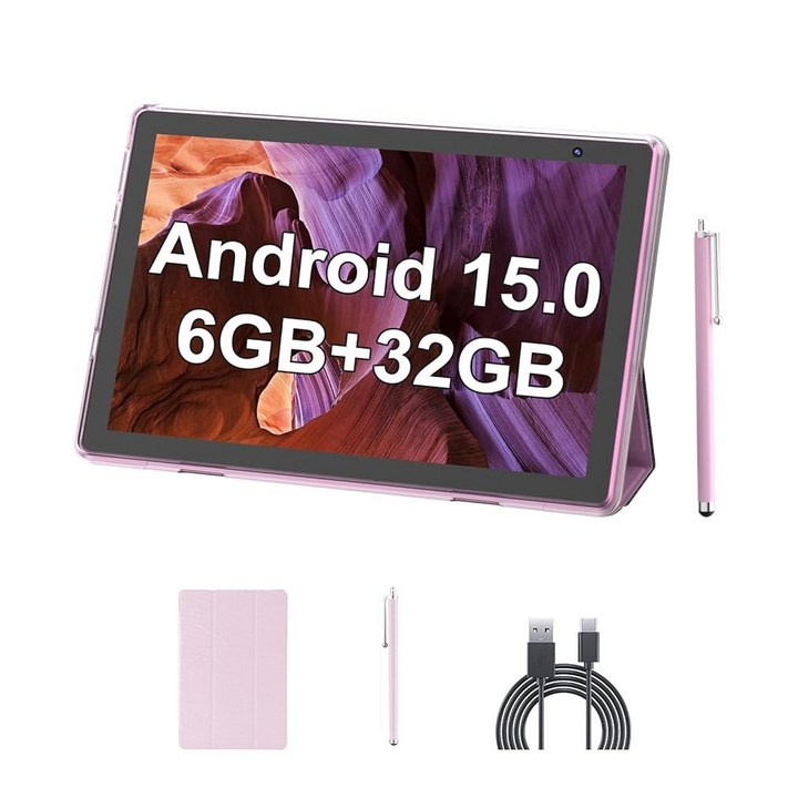 안드로이드 15 태블릿 10인치 태블릿, 케이스 및 스타일러스 포함, 6GB RAM 32GB ROM 지원 1024GB 확장 PC, 6000mAh 배터리, 10.1인치 IPS H