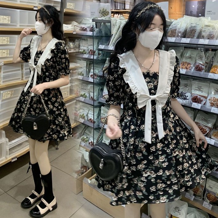 여름 여성 미니원피스 러플 스퀘어넥 퍼프소매 반팔 리본 배색 셔링 플레어 A라인 잔꽃 패턴 러블리 미니원피스 B33