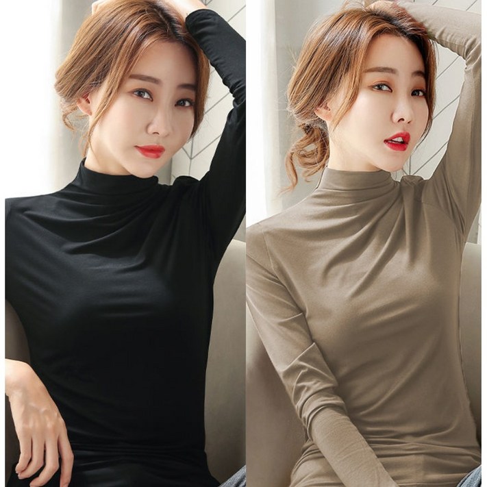 11 2장 봄 가을 겨울 여성 스판 하이넥 이너티 슬림 긴팔 티셔츠