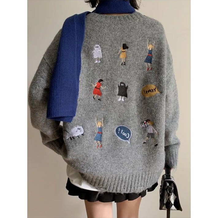 봄 여성 베네통 스타일 루즈핏 니트 그레이 스웨터 간절기