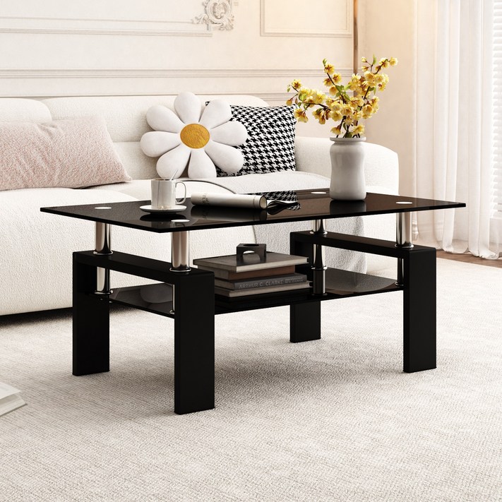 거실 쇼파 테이블 2단 강화유리 원룸 커피 책상, 블랙