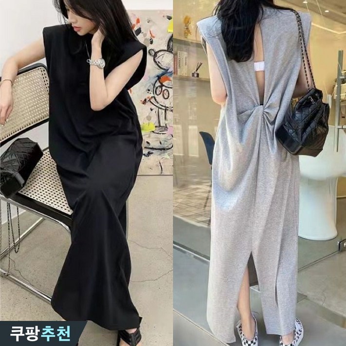 25년 신상 150kg까지 빅사이즈 여성 패드 등이드러난 펀칭 민소매 원피스 여름 편한 뒷트임 언밸 디자인 모던 매력 우아한 박스 롱 날씬해보이는 주머니있는 시원한 원피스