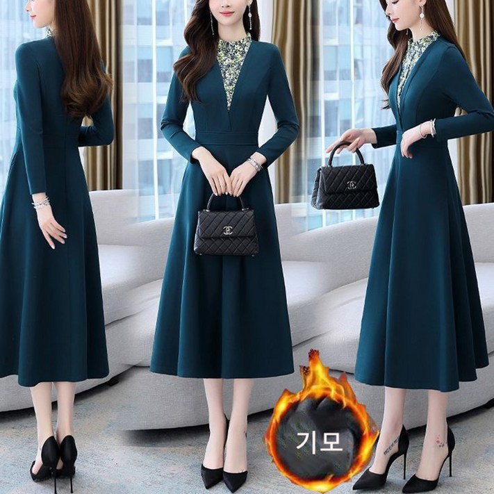 삼제태전 중년 여성 가을 겨울 기모 원피스 캐주얼 A라인 드레스