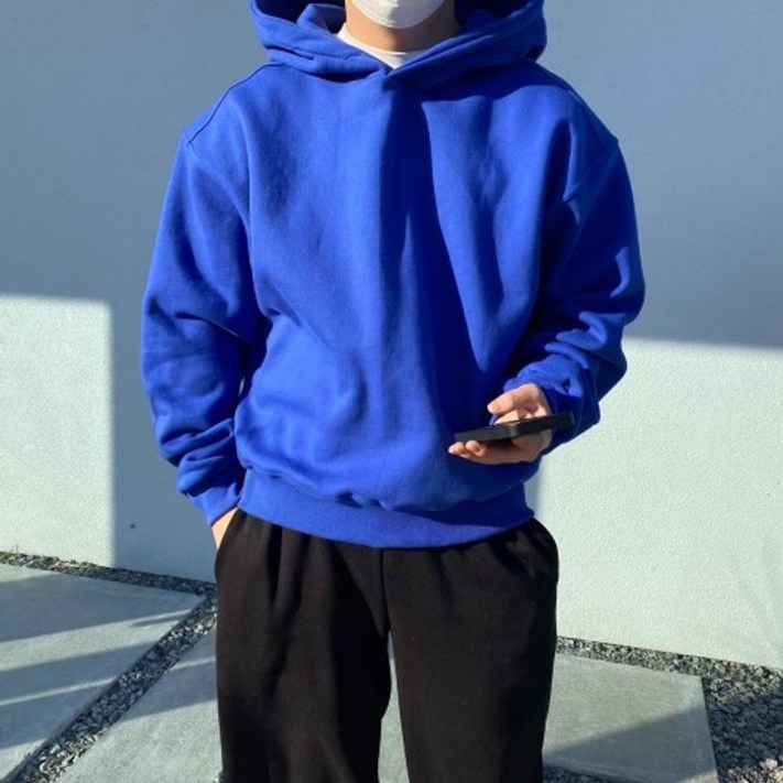 유인맨즈  NV 왕모자 모자큰 기모 숏 크롭 두꺼운 후드티 파란색