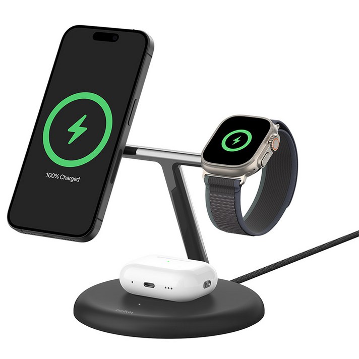 벨킨 부스트업 프로 Qi2 15W 3in1 마그네틱 무선 충전 스탠드 WIZ023kr, 블랙WIZ023krBK, 1개