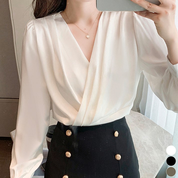 비비에모 세련미 브이넥 셔링 퍼프 블라우스 07170